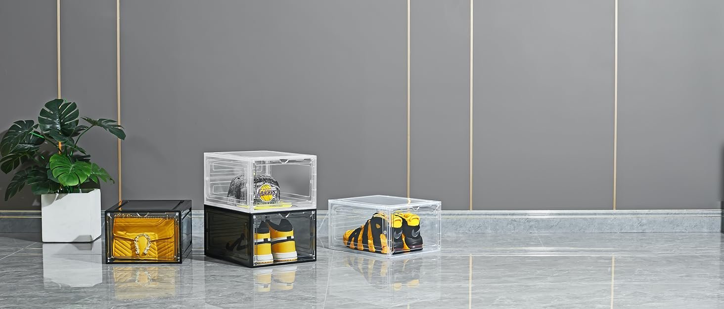 factory price attelite drop front shoe box,set of 6,stackable plastic shoe box with clear door,as shoe storage box and clear shoe box,for display sneakers,easy assembly,fit up to us size 12,black volume discount