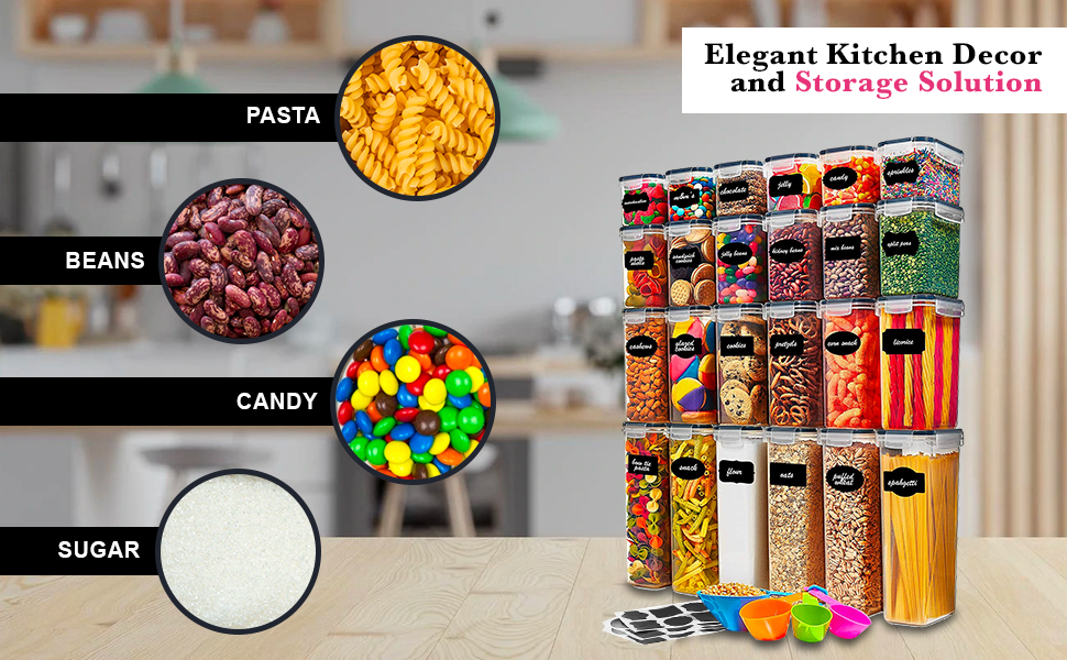 factory direct 24 pack airtight food storage container set - bpa free clear plastic kitchen and pantry organization canisters with durable lids for cereal, dry food flour & sugar - labels, marker & spoon set oem/odm services