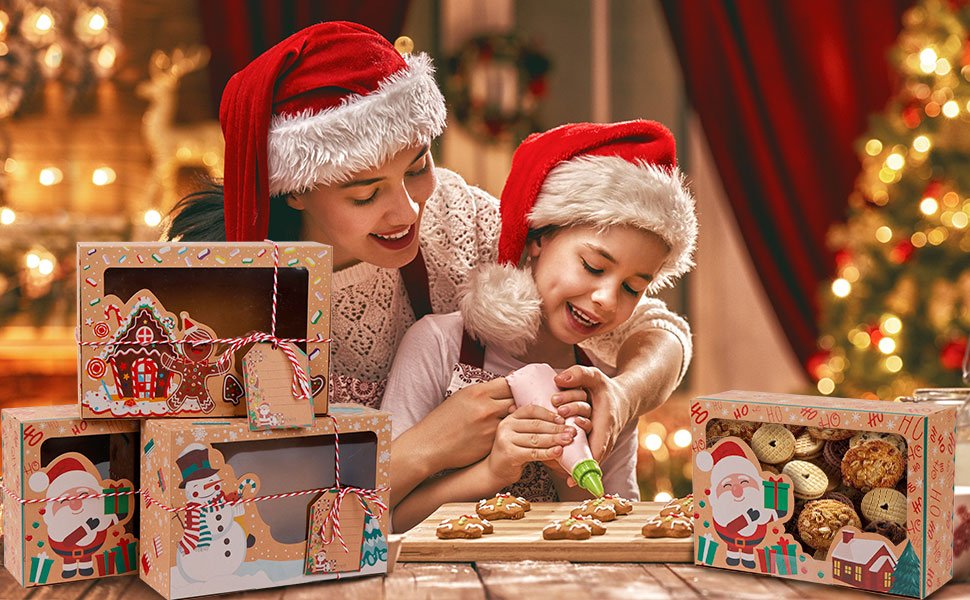 trade price ourwarm 12 pack christmas cookie boxes large holiday bakery gift boxes with window and tags, kraft cupcake boxes, food packaging containers for gift giving, christmas party favor, fits 20 cookies wholesale supplier