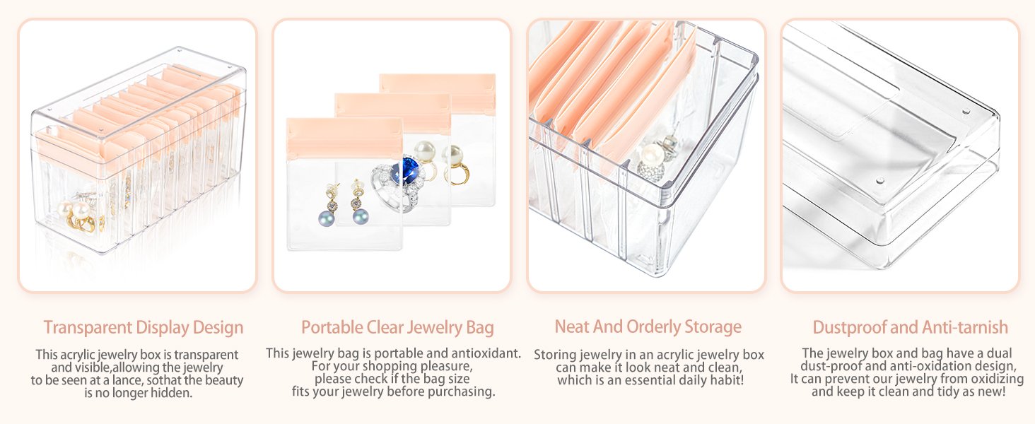 buy in bulk acrylic jewelry box,clear jewelry organizer with 15 eva portable anti oxidizing zipper bags,travel jewelry case for earrings/ring/necklace women source from factory