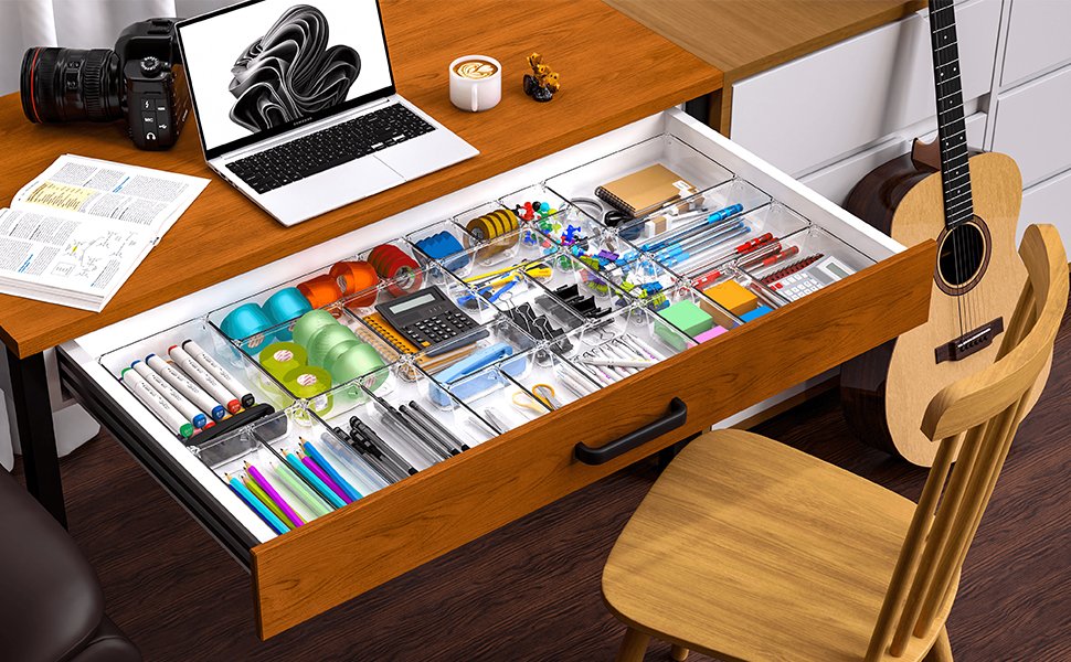 factory direct 25 pc clear plastic drawer organizer set,4 size small storage containers for organizing jewelry,utensil,junk,tea,makeup,shallow drawer organizers tray suitable for office,desk,bathroom,vanity,kitchen oem/odm services