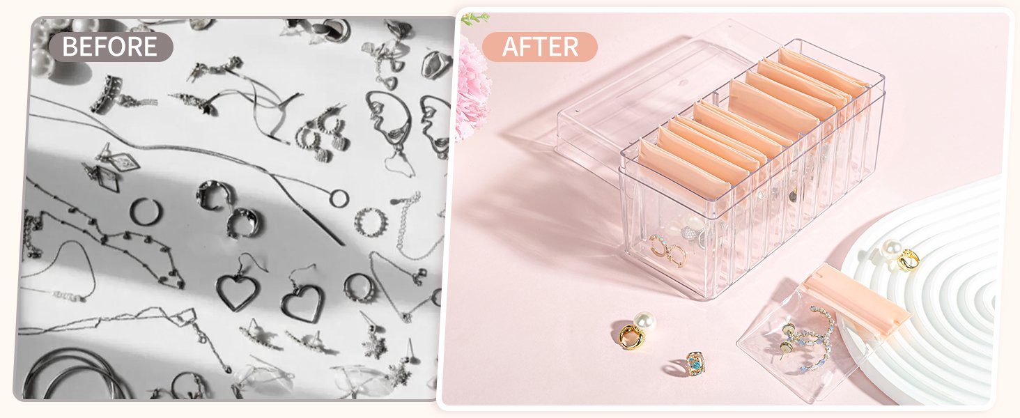 buy in bulk acrylic jewelry box,clear jewelry organizer with 15 eva portable anti oxidizing zipper bags,travel jewelry case for earrings/ring/necklace women source from factory