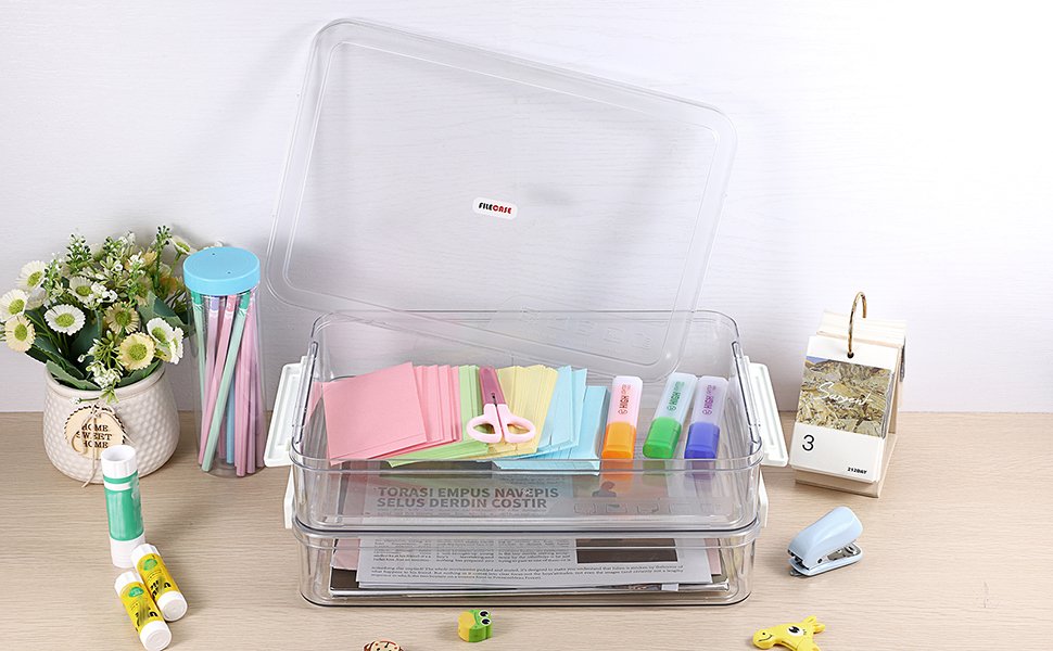 factory price btsky 2 pack clear plastic stackable storage box file protector case organizer portable project case document holder for 8.5 x 13 letter a4 file paper, plastic storage box office documents volume discount