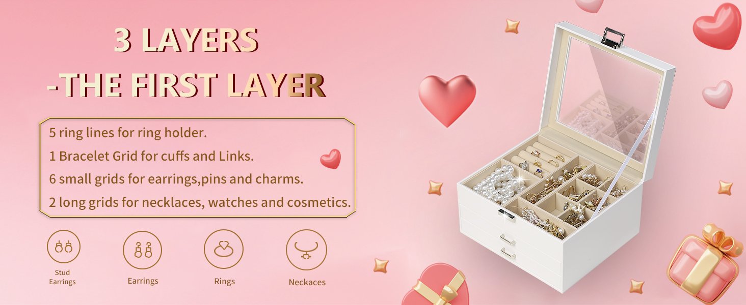 trade price boovo clear lid jewelry box,3 layers jewelry organizer large multi-functional jewelry storage box with 2 drawers,jewelry display case of rings earrings necklace bracelets for women girls (white) wholesale supplier