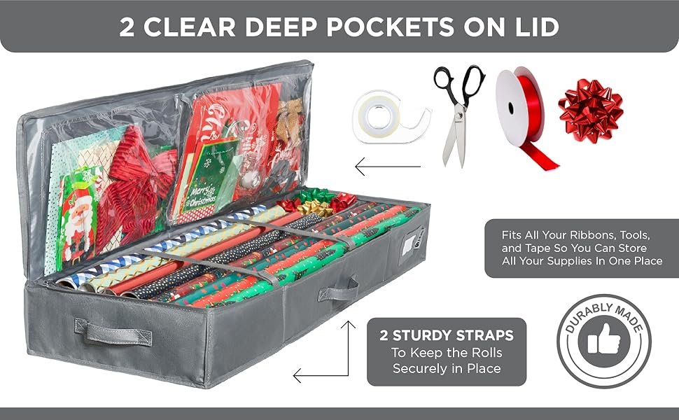 trade price premium wrapping paper storage container -durable material 600d tear-proof - fits up to 27 paper rolls -extra pockets for ribbons & bows. underbed gift wrap organizer, ideal for holiday christmas, etc wholesale supplier