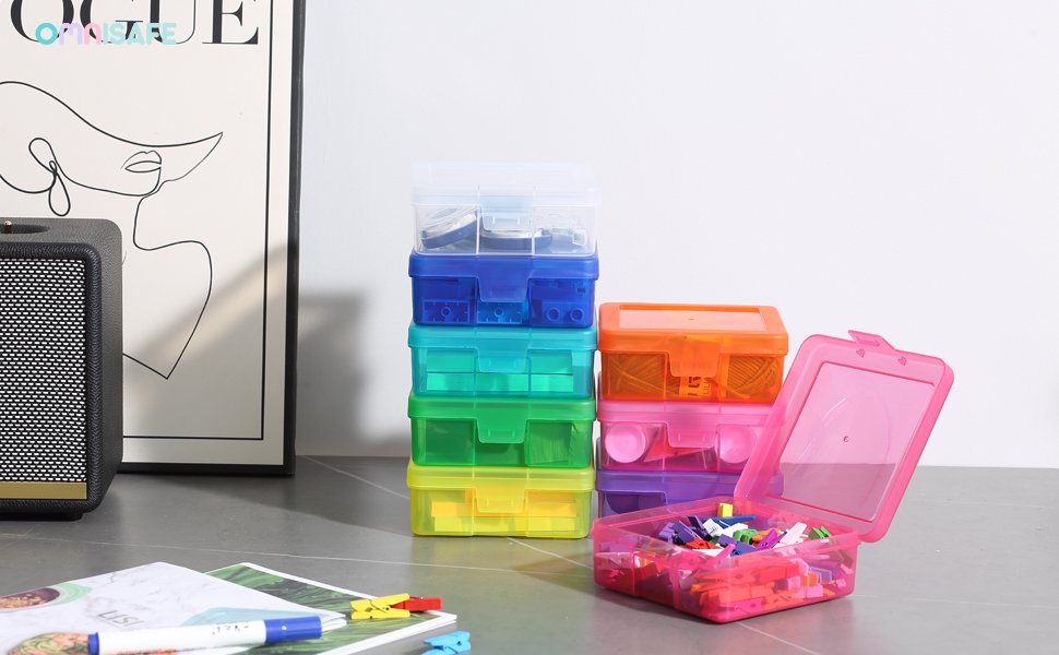 factory price 9 pack medium colored plastic hobby art craft organizer, mini plastic storage containers with latching lid, for pencil box, lego, crayon volume discount