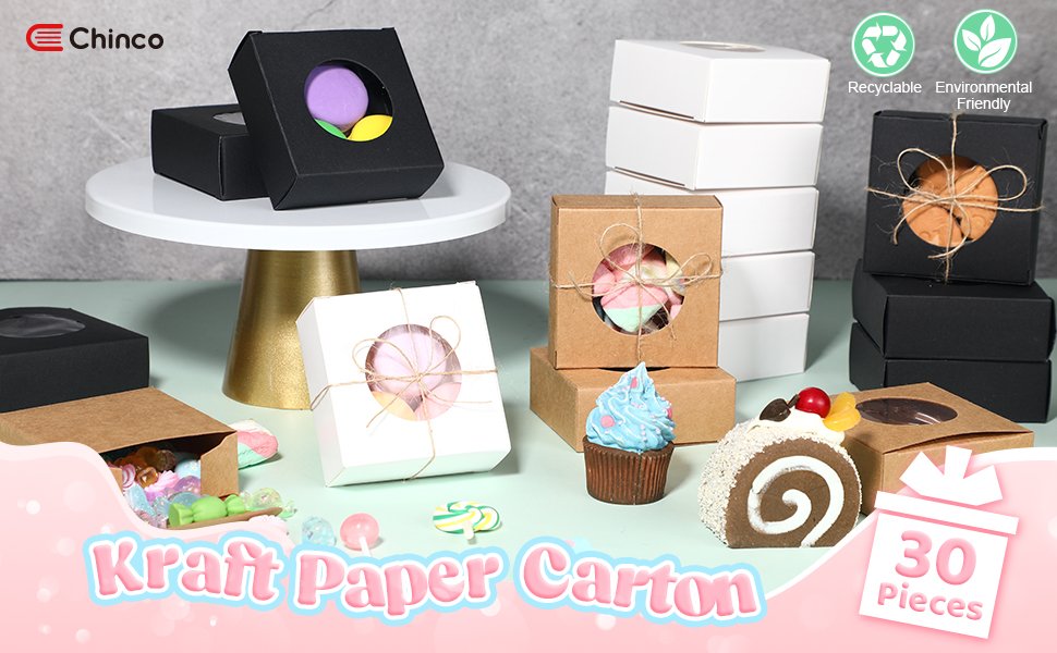 trade price chinco 30 pcs kraft paper box with clear window homemade soap boxes presents packaging boxes for bakery cookies cake packaging birthday party gift boxes(original, 3 x 3 x 1.2 inch) wholesale supplier