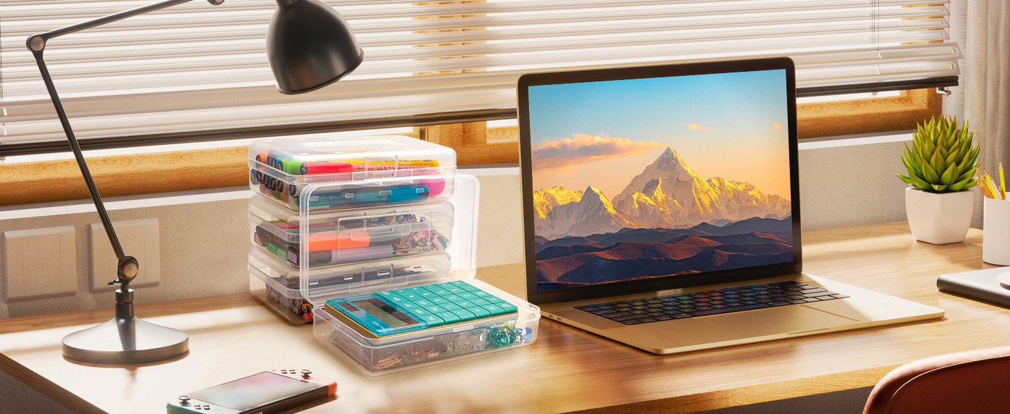 factory price maxgear clear pencil boxes, 6 pack large capacity plastic organizer, storage boxes for school bulk stackable design, office supplies storage volume discount