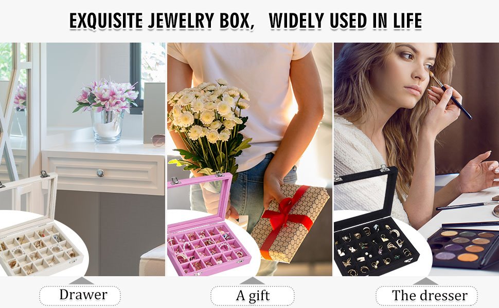 trade price velvet jewelry box 24 grid jewelry ring display organiser box tray holder earrings storage case for girls wife mom women (beige) wholesale supplier