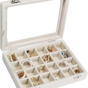 trade price velvet jewelry box 24 grid jewelry ring display organiser box tray holder earrings storage case for girls wife mom women (beige) wholesale supplier