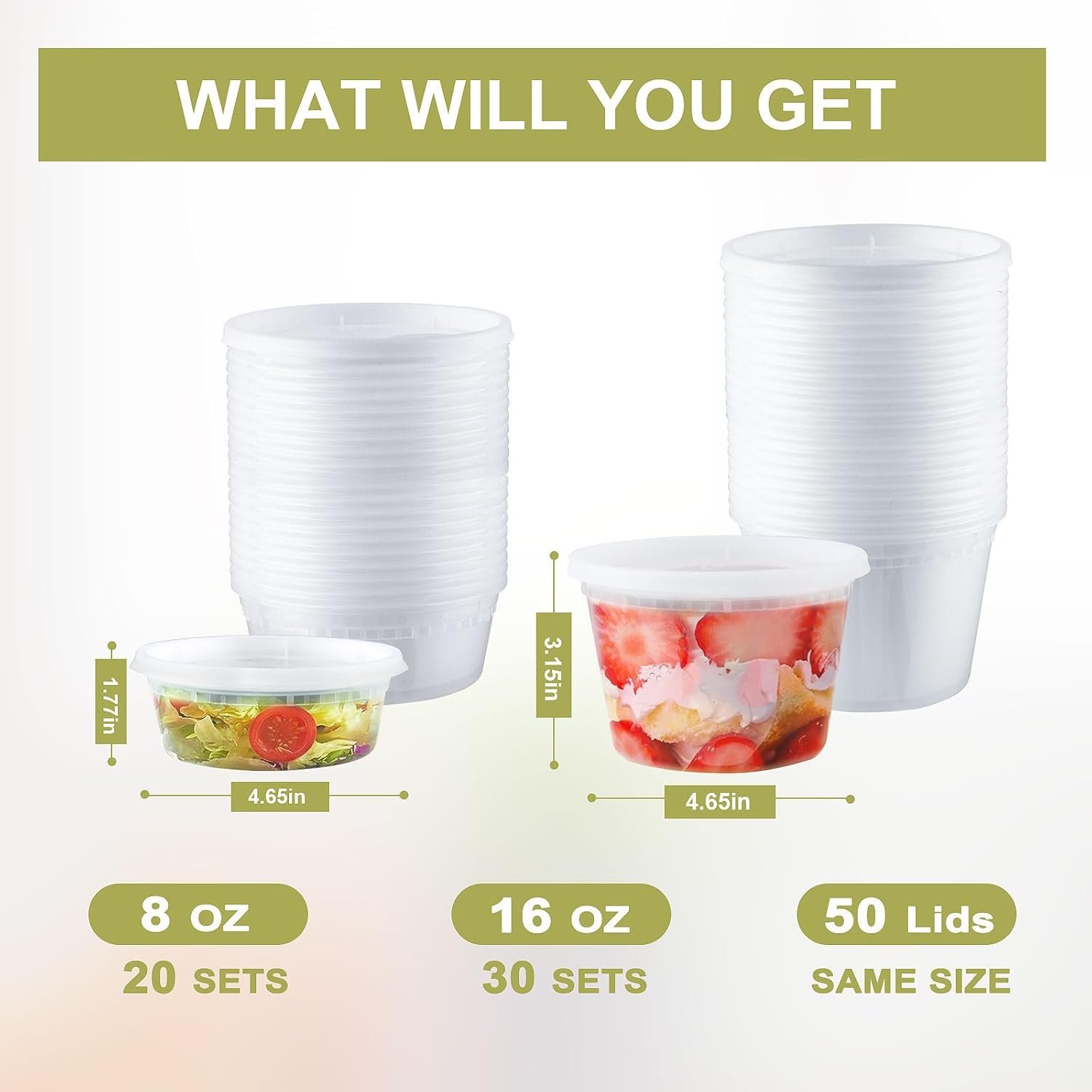 factory direct deli containers with lids 50 sets - pint plastic soup containers 16oz 8oz clear food storage containers with lids leakproof, reusable take out for restaurant, microwave/freezer/dishwasher safe oem/odm services
