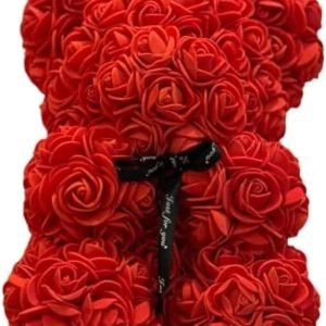trade price large rose bear,10in rose teddy bear, handmade fully assembled artificial flower roses,gift for women,christmas, valentines day, birthday, anniversary - clear gift box (red) wholesale supplier