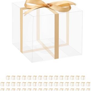 trade price 50 pack pet clear plastic party favor boxes with ribbon, 4"x4"x4" clear gift boxes for chocolate desserts cookies muffins party favors packaging for wedding birthday easter christmas party wholesale supplier