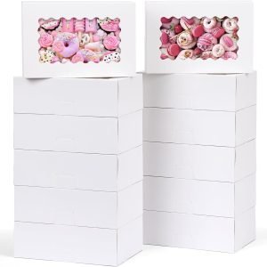 trade price moretoes 28pcs cookie boxes with window, 9x6x3 inch white christmas bakery boxes paper gift giving cupcake boxes dessert boxes pastry boxes for chocolate covered strawberries, candy, muffins, donuts wholesale supplier