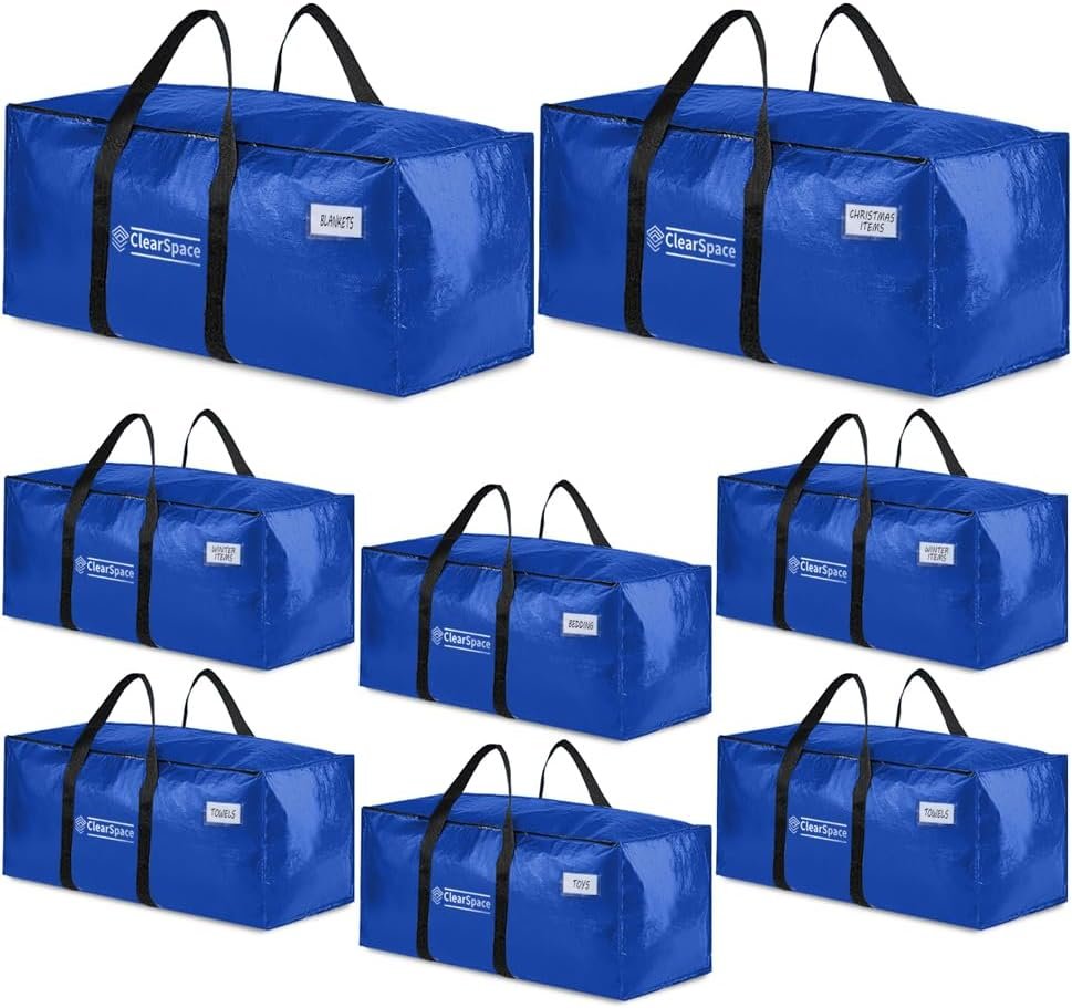 factory price clearspace heavy duty moving bags or storage bag – large moving boxes with backpack straps, zippers & handles – perfect for moving, college dorm, traveling, camping, christmas decorations, 8 pack volume discount