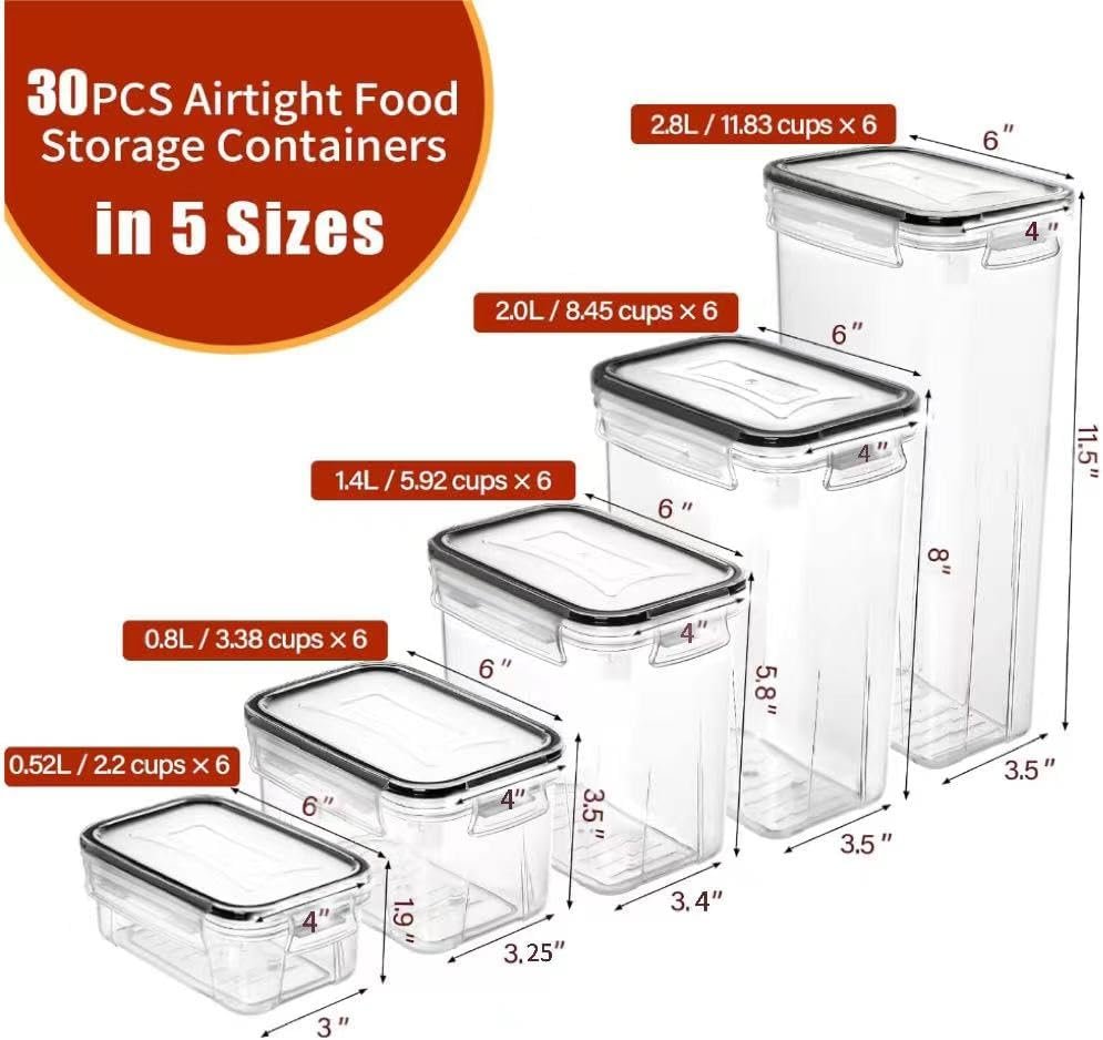factory direct praki 30 pack airtight food storage containers for kitchen pantry organizers and storage, plastic kitchen storage canisters with lids,cereal, flour & sugar containers - labels, 6 spoon & marker oem/odm services