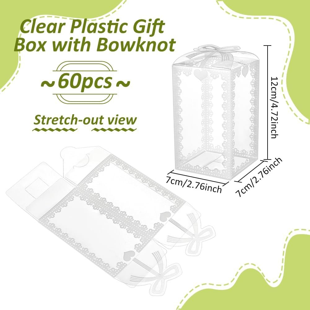 manufacturer direct benecreat 60pcs clear gift boxes 4.7x2.75x2.75 pvc treat favor boxes with white bowknot lace for candy chocolate, wedding party favors, valentine's day festival gift packaging supplier direct