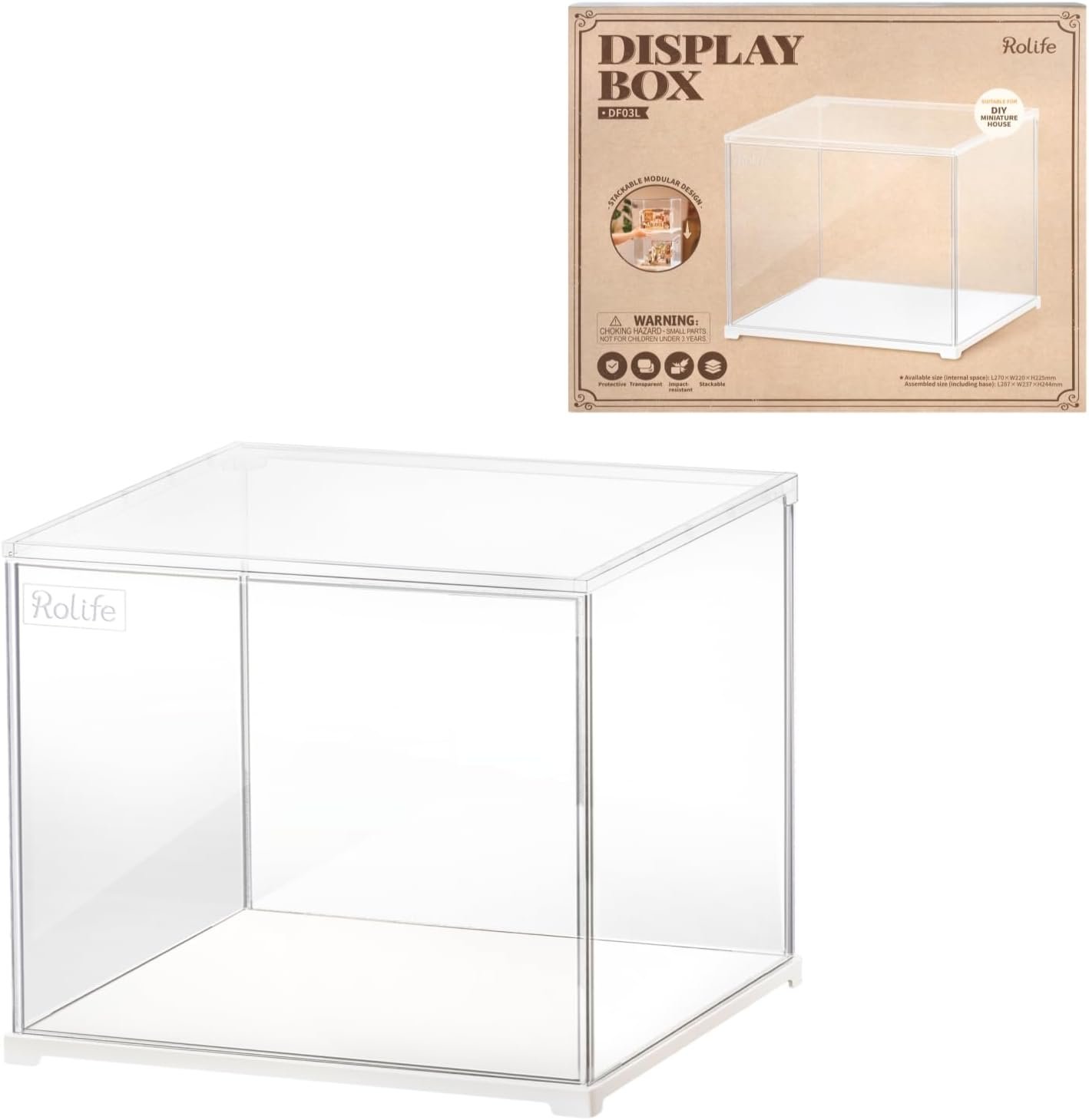 buy in bulk rolife acrylic display case dust cover for collectibles, stackable showcase dustproof protection with white base with door for shoes,books,toys,collectibles memorabilia figurines(11.3''x9.6''x9.3'') source from factory