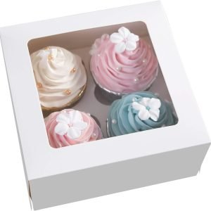 trade price one more [15pcs] white paper cupcake boxes,valentines day cookie gift boxes with clear window, auto-popup cupcake containers carriers bakery cake box with insert 4 cavity (white,15) wholesale supplier