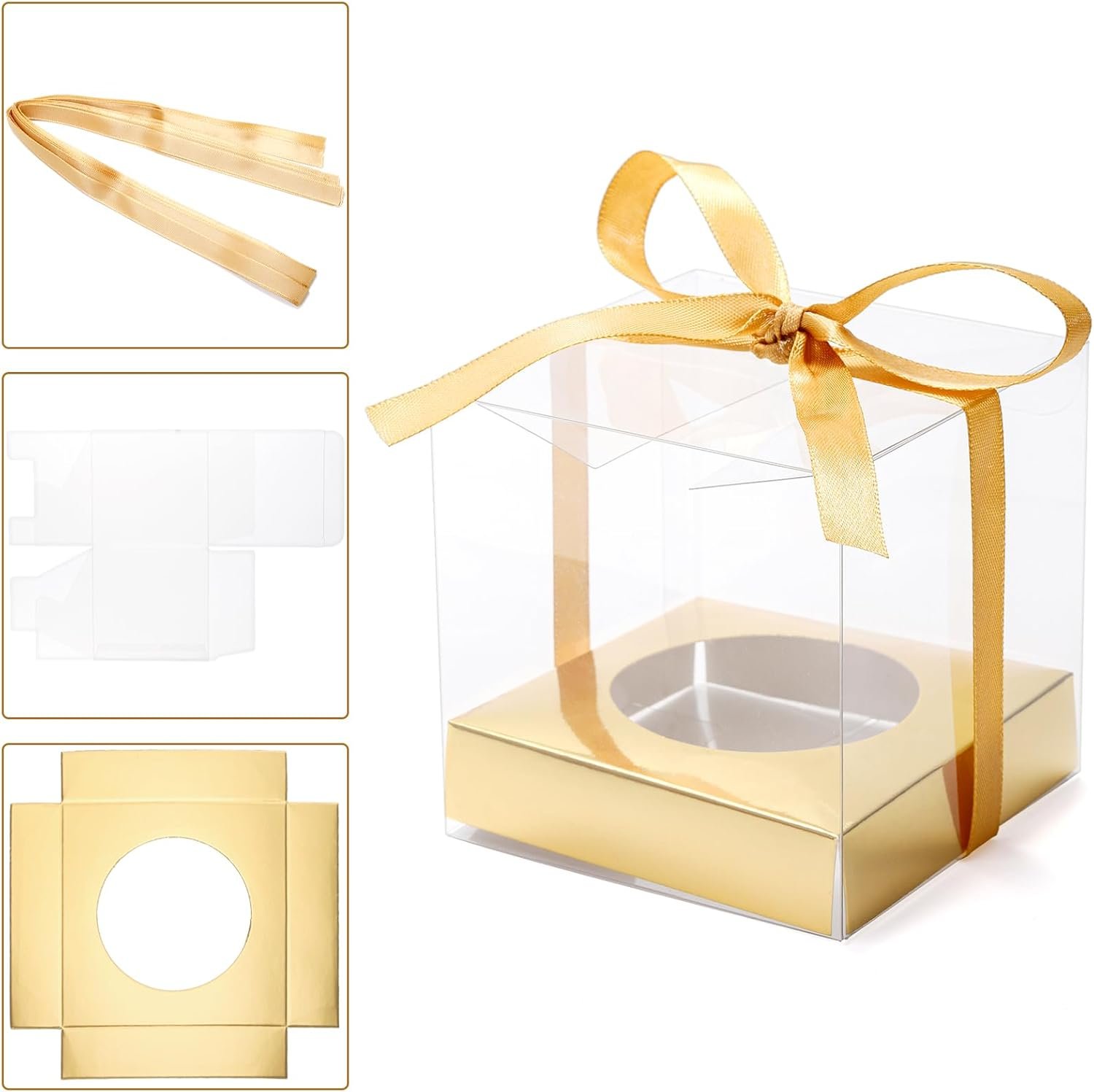 manufacturer direct 48 pcs clear plastic cupcake boxes, 3.5 inches individual cupcake holder with ribbons inserts, disposable single ornament gift box party favor containers for wedding baby shower party supplier direct