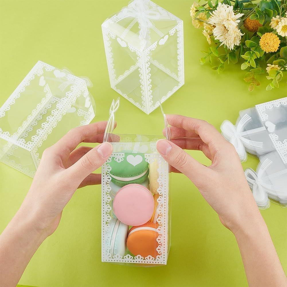 manufacturer direct benecreat 60pcs clear gift boxes 4.7x2.75x2.75 pvc treat favor boxes with white bowknot lace for candy chocolate, wedding party favors, valentine's day festival gift packaging supplier direct