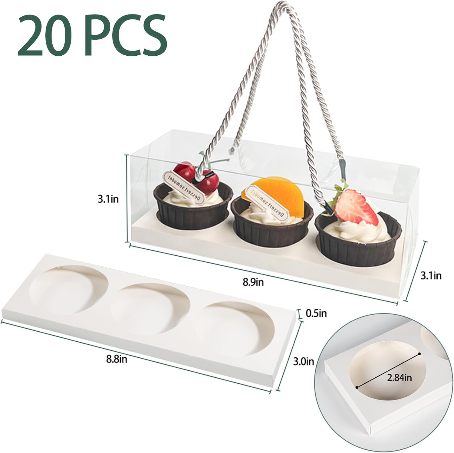 manufacturer direct 20pcs clear cupcake boxes with handle cupcake container mini cupcake container transparent bakery cake boxes plastic cake carrier baked dessert box for wedding party favor white (9 x 3 x 3 inch) supplier direct