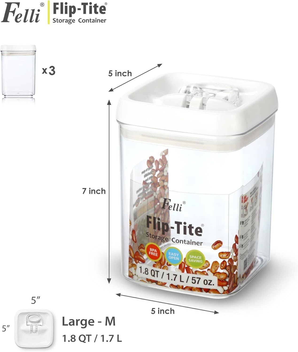 direct bulk orders felli flip tite food storage container with lid 5” large airtight easy open ring lock top, acrylic canister jar for rice sugar flour protein powder, kitchen pantry organizer christmas gift (1.8 qt) low-cost wholesale