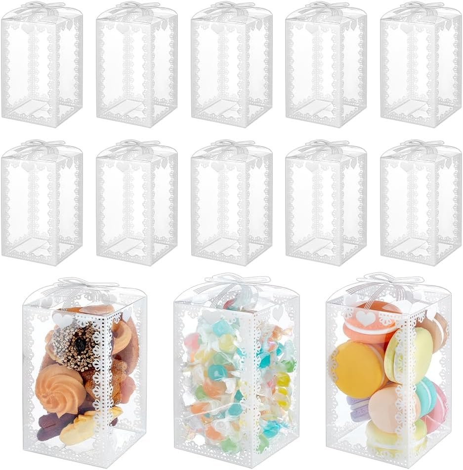 manufacturer direct benecreat 60pcs clear gift boxes 4.7x2.75x2.75 pvc treat favor boxes with white bowknot lace for candy chocolate, wedding party favors, valentine's day festival gift packaging supplier direct