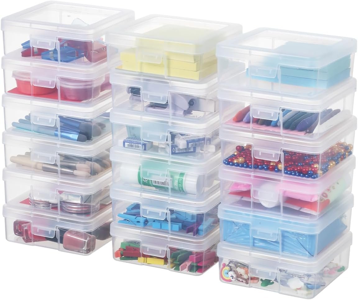 factory price novelinks stackable plastic clear storage box containers with latching lid - art craft supply organizer storage containers for pencil box, lego, crayon, beads, jewelry (18 pack small -clear) volume discount