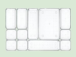 factory direct 25 pcs clear plastic drawer organizers set, 4 sizes clear drawer organizers & storage bins for makeup/jewelry vanity, kitchen gadgets or office desk. bathroom drawer organizer trays with non-slip pads oem/odm services