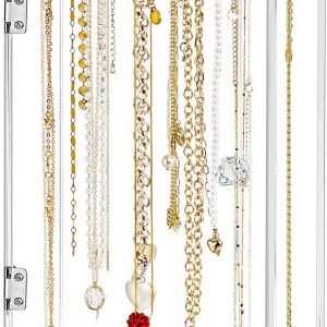buy in bulk jenseits necklace holder organizer, acrylic jewelry holder stand, rotation clear jewelry storage hanging w/ 24 hooks, dustproof long necklaces pendant bracelets display case box gift for women, girls source from factory