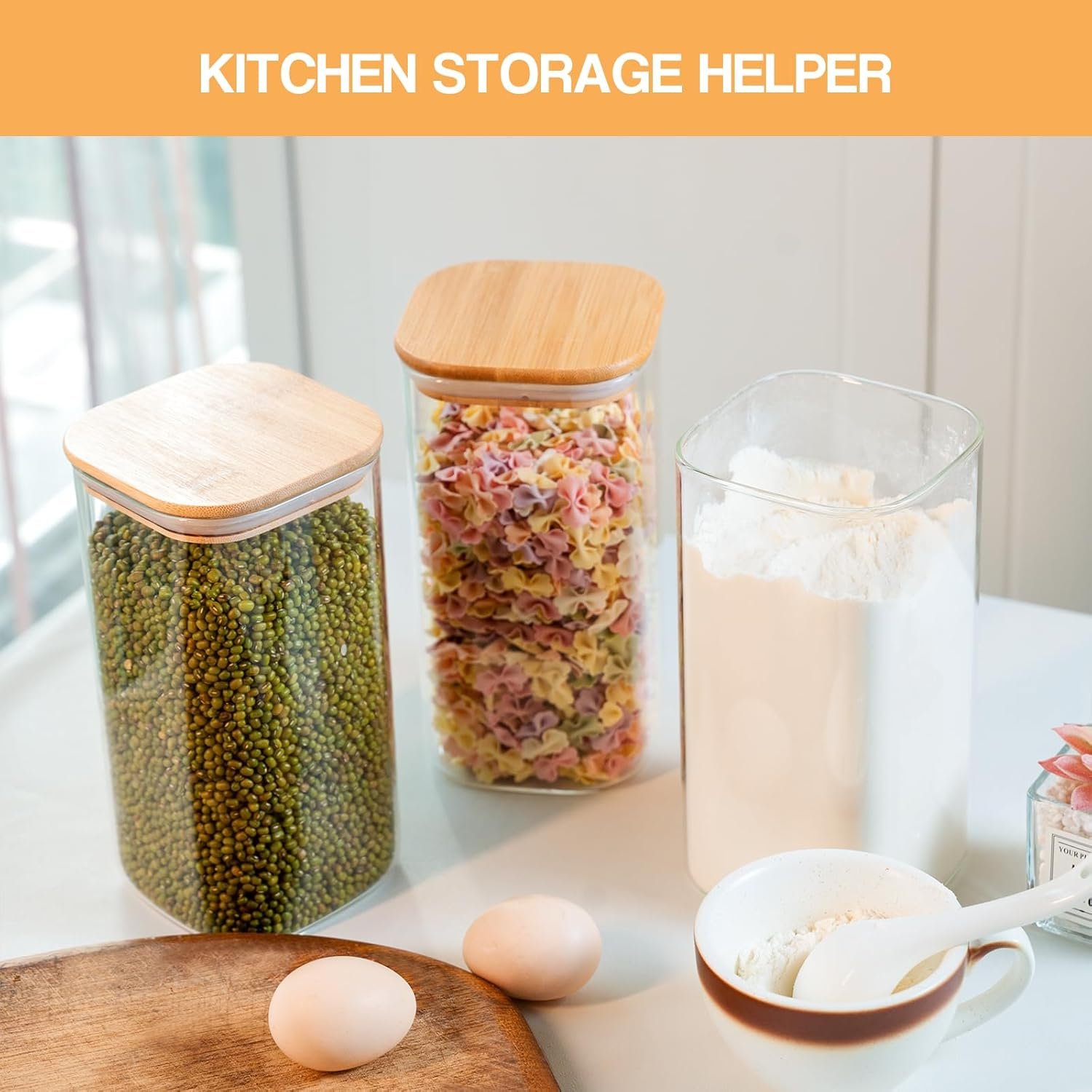 factory direct glass storage jars 6 pack -50oz (10cmx20cm)clear glass food storage containers with airtight bamboo lid stackable kitchen canisters for candy,cookie,rice,sugar,flour,pasta,nuts and spice jars(square) oem/odm services