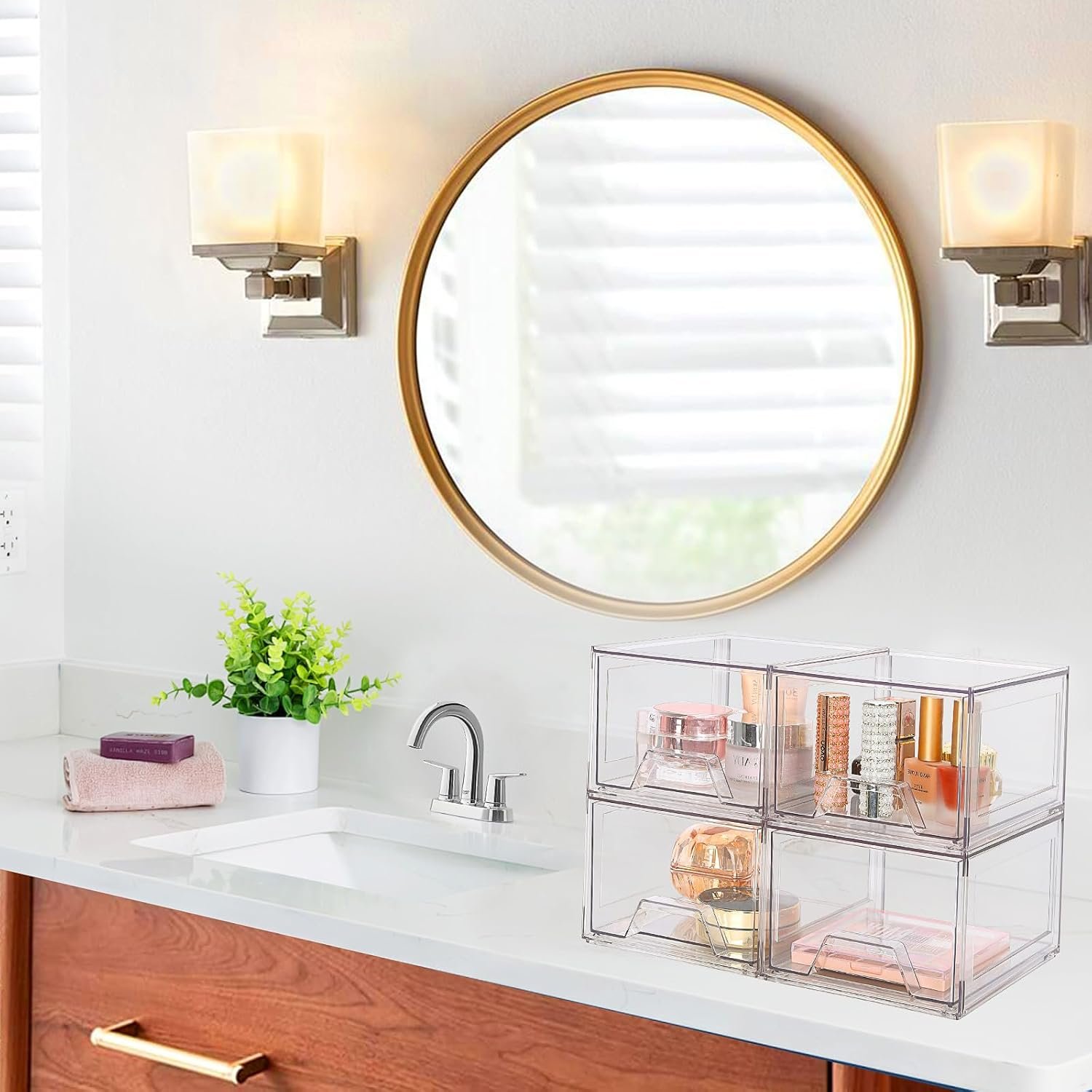 factory direct 4 pack stackable makeup organizer, acrylic bathroom organizer and storage drawers, clear plastic drawer storage bins for vanity, undersink, cabinets, pantry oem/odm services