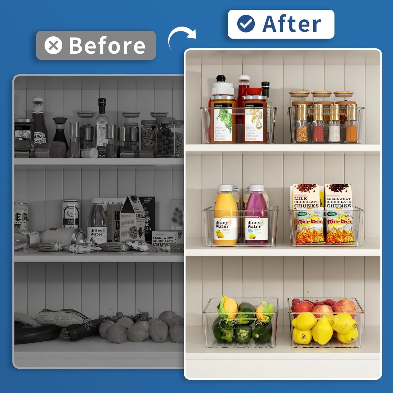 factory direct pantry organizers and storage bins, 6 pack clear plastic storage bins with divider - kitchen organizer, fridge organizer, cabinet organizer, snack organizer, drawer organizer oem/odm services