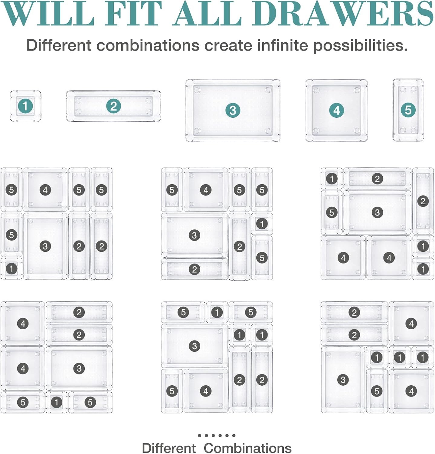 factory direct 16 pcs drawer organizer set, 5 varied size bathroom and kitchen drawer cabinet organizer trays, clear storage bins for makeup, jewelry, utensils and gadgets oem/odm services