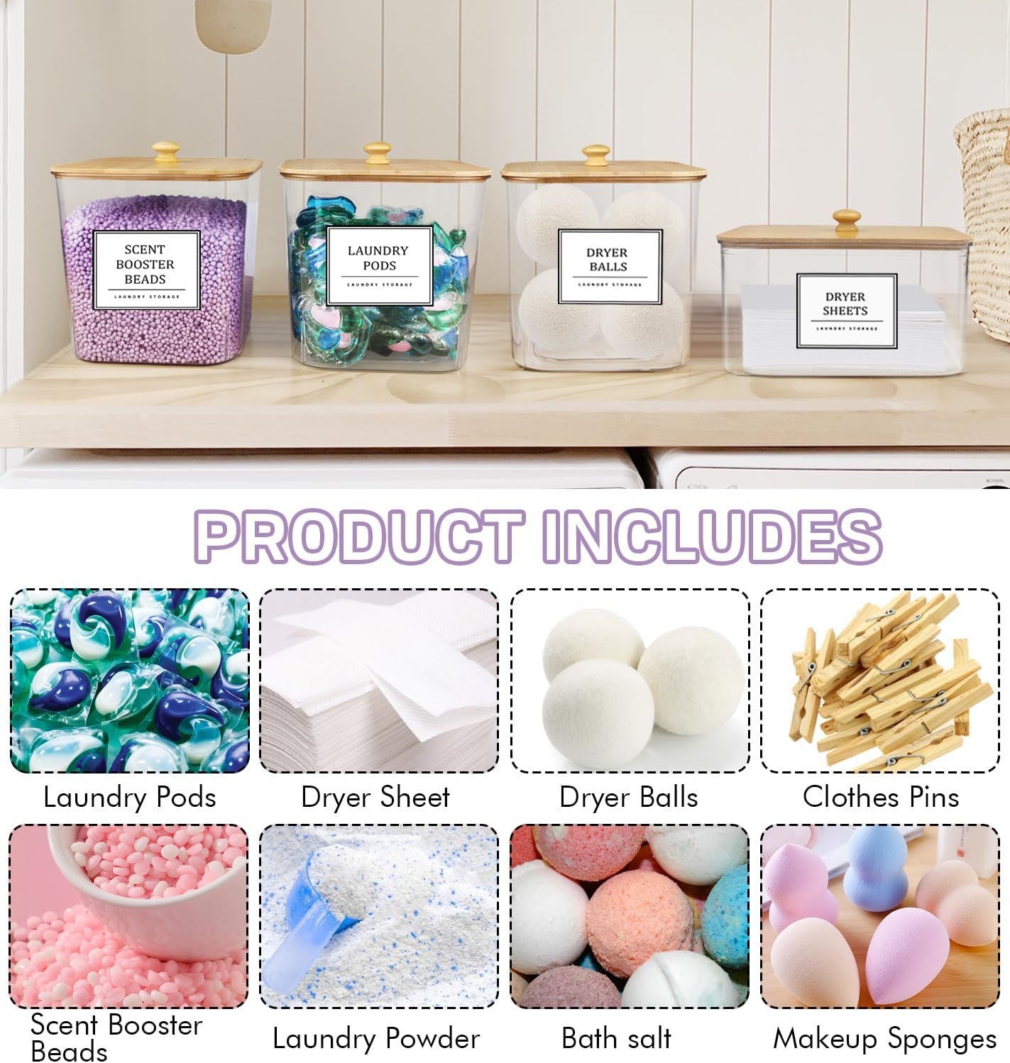 factory direct 3+1 pack laundry pods container,clear laundry room organization containers,large laundry detergent powder storage containers with bamboo lids & labels,laundry pods holder for scent booster,powder,pods oem/odm services