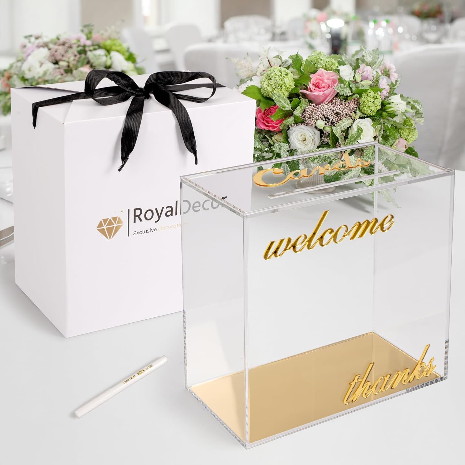 buy in bulk personalized acrylic card box with gold mirror - clear wedding box for cards, cash & envelopes, includes customization marker for parties, events & gifts. source from factory