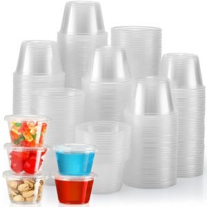 direct bulk orders vitever [120 sets - 4 oz ] portion cups with lids, small plastic containers with lids, airtight and stackable souffle cups, jello shot cups, sauce cups, condiment cups for lunch, party, trips low-cost wholesale