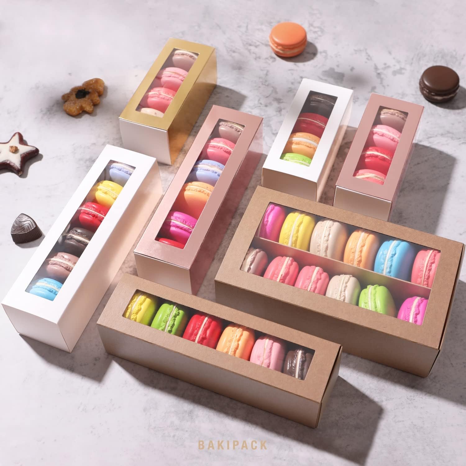 trade price 15 macaron boxes, macaron gift box for 12 (interior measurement 7.3×4.2 ×1.9 inches), macaron packaging boxes with clear window white without macarons inside wholesale supplier