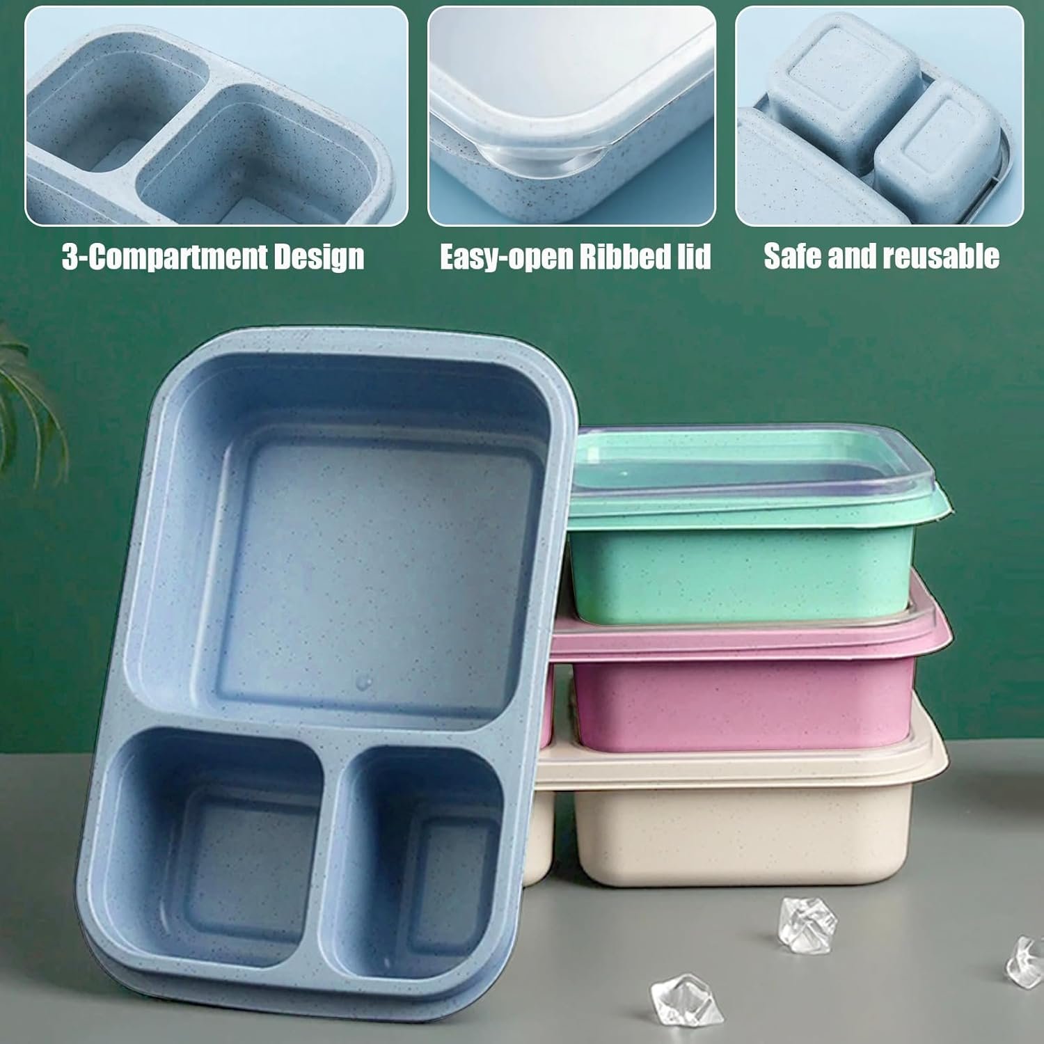 factory price 12 pack bento box, 3 compartment lunch box containers, wheat straw reusable food storage containers, freezer microwave and dishwasher safe snack containers for work school and travel volume discount