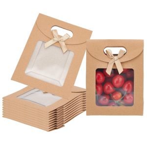 manufacturer direct nbeads 24 pcs kraft paper bags with window, 4.7x2.4x6.2" stand up gift bag with handles brown gift bag with clear window for candy cookies packaging wedding christmas party store retail supplier direct