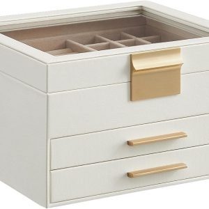 trade price songmics jewelry box with glass lid, 3-layer jewelry organizer, 2 drawers, for big and small jewelry, jewelry storage, christmas gift, 8 x 9.1 x 5.3 inches, cloud white and gold color ujbc239wt wholesale supplier