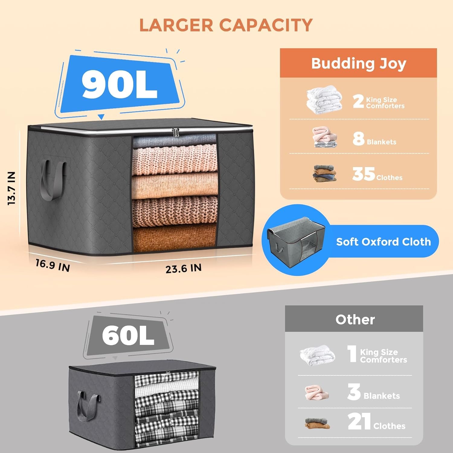 factory direct 90 l large storage bags, 6 pack clothes storage bins foldable closet organizers storage containers with reinforced handle for clothing, blanket, comforters, bed sheets, pillows and toys (gray) oem/odm services
