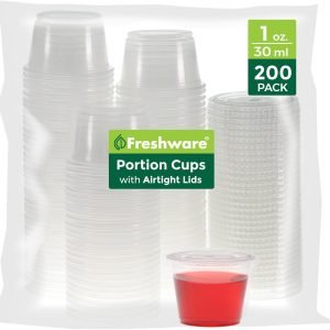 direct bulk orders freshware plastic portion cups with lids [1 ounce, 200 sets] disposable plastic cups for meal prep, salad dressing, jellos shot cups, souffle cups, condiment and dipping sauce cups low-cost wholesale