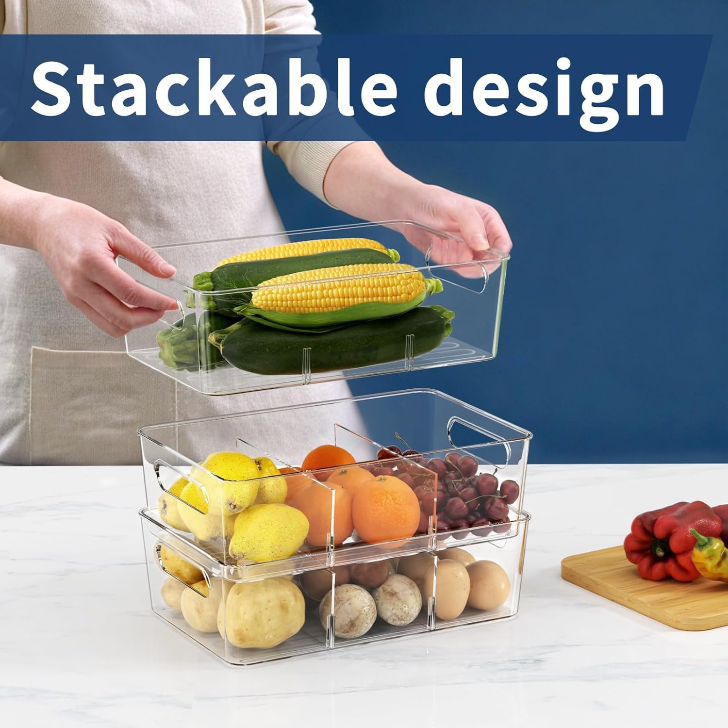 factory direct pantry organizers and storage bins, 6 pack clear plastic storage bins with divider - kitchen organizer, fridge organizer, cabinet organizer, snack organizer, drawer organizer oem/odm services