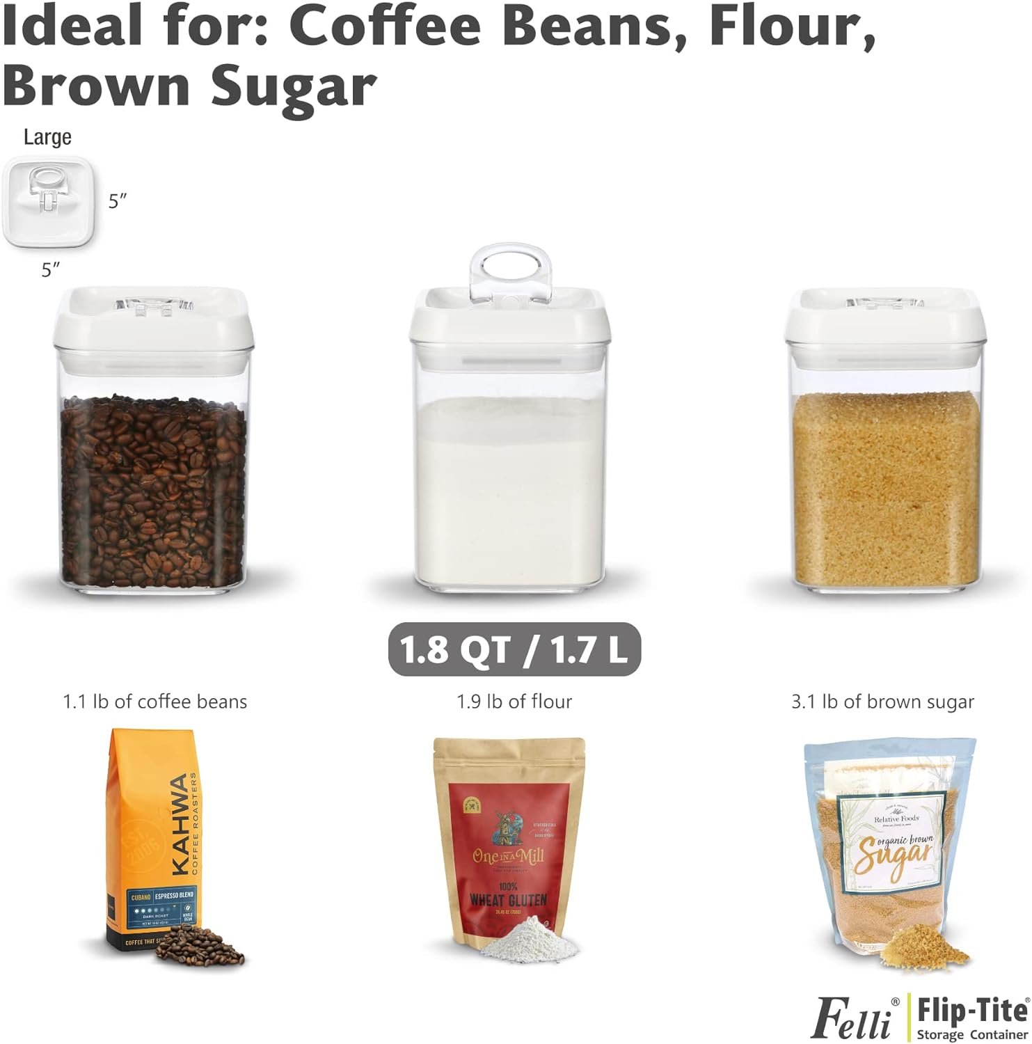 direct bulk orders felli flip tite food storage container with lid 5” large airtight easy open ring lock top, acrylic canister jar for rice sugar flour protein powder, kitchen pantry organizer christmas gift (1.8 qt) low-cost wholesale