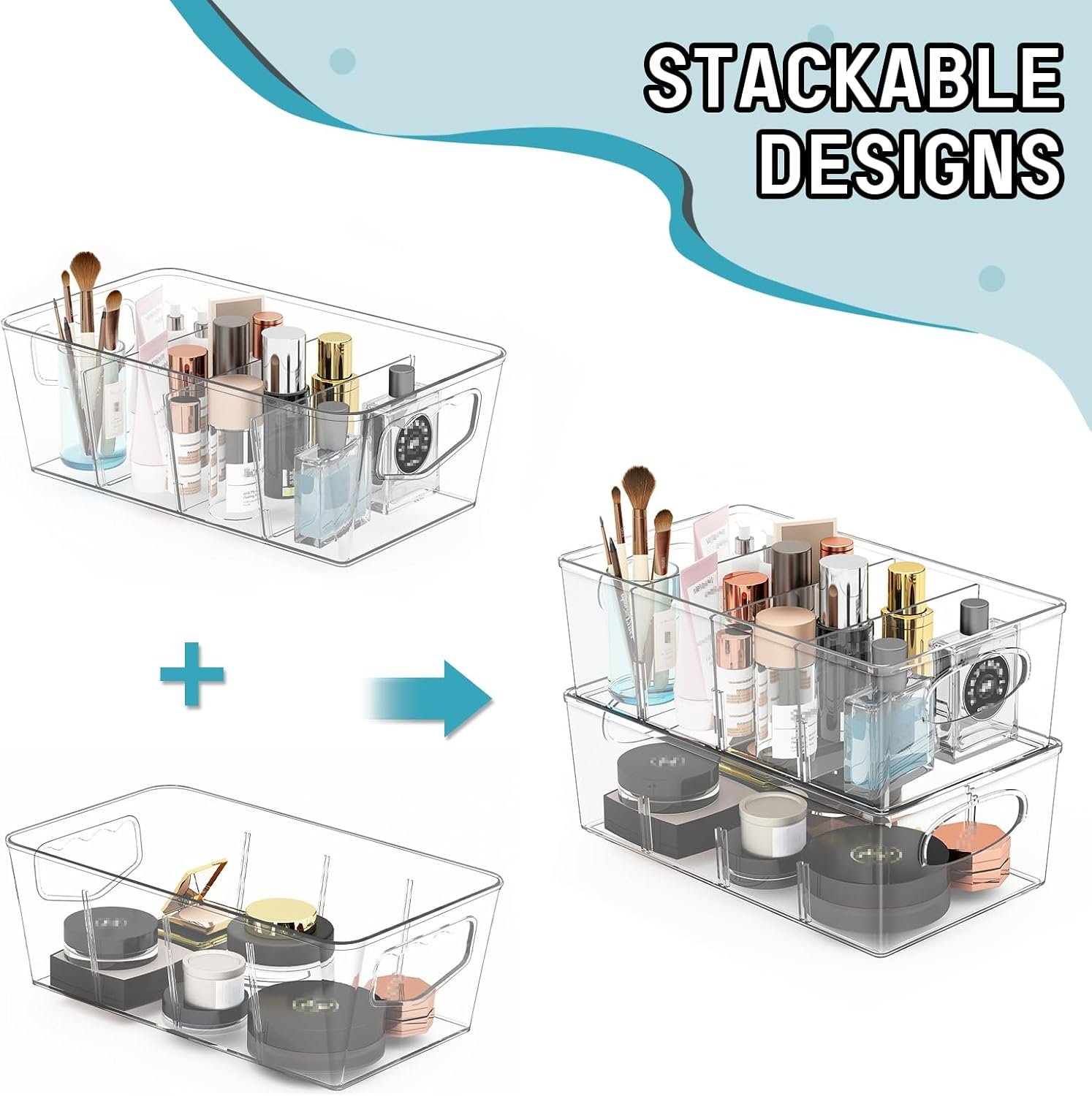 factory direct spacekeeper storage organizer bins 6 pack clear pantry organization and storage containers with removable dividers, plastic stackable storage bins for cabinet, kitchen, fridge, countertops oem/odm services