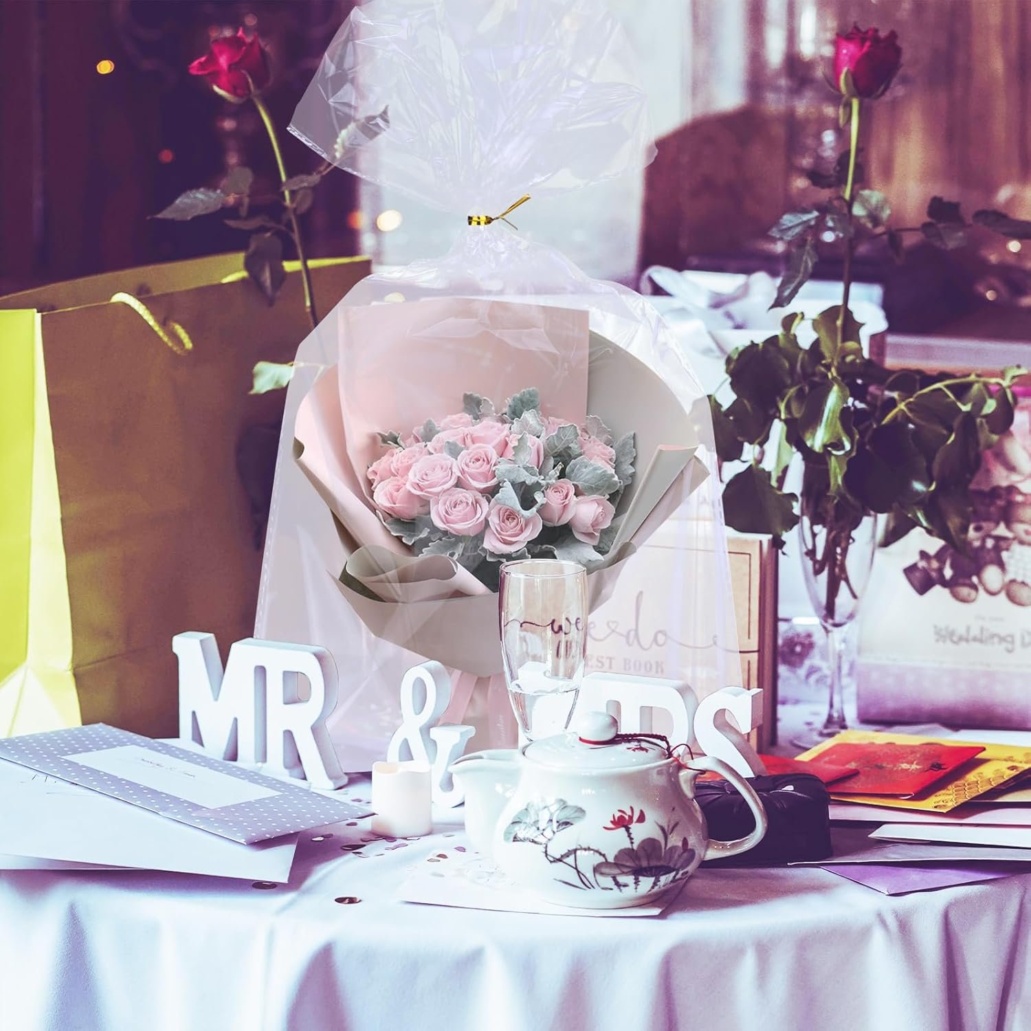 manufacturer direct wocuz cellophane bags clear gifts presents basket bags with metallic twist ties for bridal showers wedding birthday party gift wrapping (24x30 inch, 10pcs) supplier direct