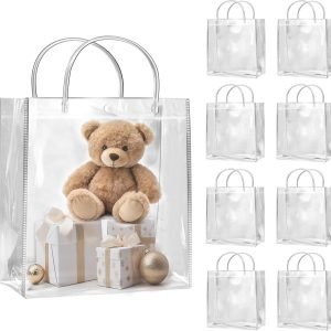 trade price shipkey 10 pack 8”x3.1”x8” clear gift bags, square transparent gift bags with handles, waterproof pvc shopping bags for perfume, bakery, presents, birthday party favor wholesale supplier