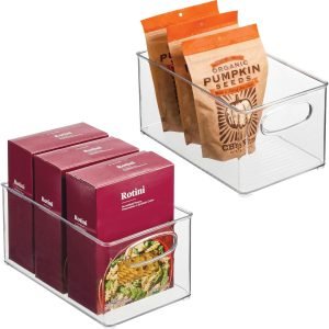 factory direct mdesign plastic kitchen organizer - storage holder bin with handles for pantry, cupboard, cabinet, fridge/freezer, shelves, counter - holds canned food, snacks - ligne collection - 2 pack - clear oem/odm services